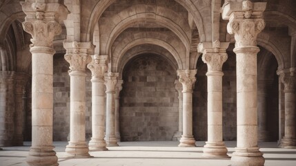 Obraz premium Old ancient columns in building of medieval architecture. Neural network ai generated art