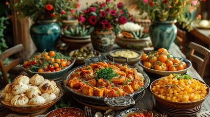 Fototapeta premium A festive table with chiles en nogada