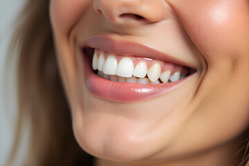 Fototapeta premium Close-up of a woman's smile showing white teeth and glossy lips