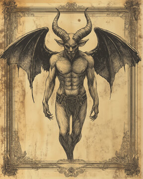 Vintage engraved angry devil card design, Vintage illustration