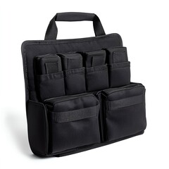 Black tactical organizer bag with multiple compartments for tools and accessories, isolated on a white background.