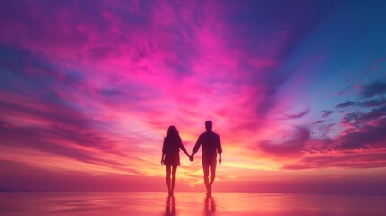 A couple holds hands against a vibrant sunset, creating a romantic silhouette against colorful skies.