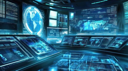 Obraz premium Futuristic Control Room with Multiple Screens Displaying Data and a World Map