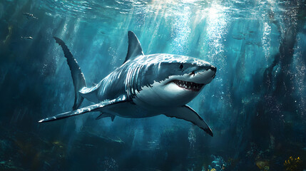 Obraz premium A shark is swimming in the ocean with its mouth open