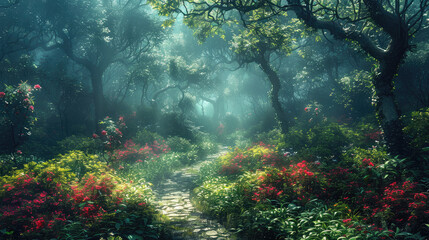 Obraz premium Mystical Forest with Glowing Light Filtering Through the Trees, A Serene and Enchanting Landscape with Lush Green Foliage