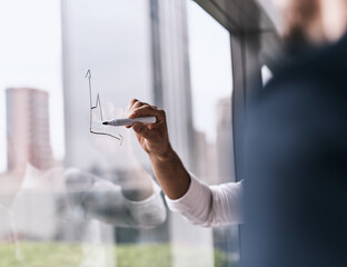 Person, hands or writing on glass wall with graphs in office for brainstorming, closeup or ideas in workplace. Finance professional, window or plan for problem solving, charts or solution for growth