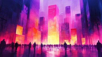 Vibrant Cityscape in Watercolor Style Illustration