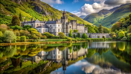 Fototapeta premium Serene Candid Photography of Abbey Kylemore in Ireland's Lush Landscape