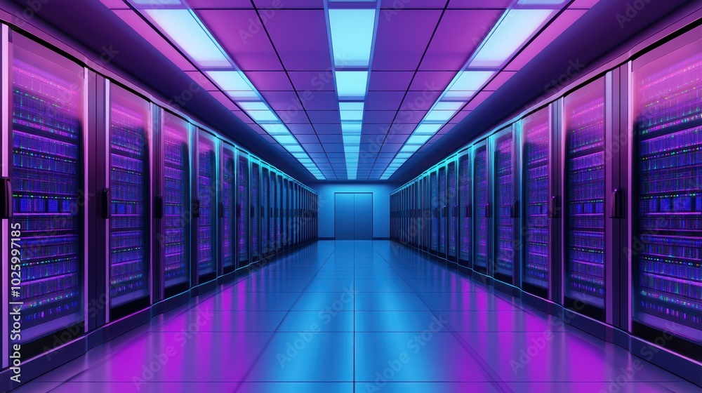 Poster neon-lit server room with rows of data racks