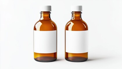 Two amber glass bottles with white labels, ideal for labeling and storage of various liquids or substances.