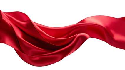 Floating red satin ribbon fabric, cut out, transparent background