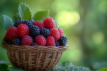 A detailed image of freshly foraged wild berries, such as blackberries and raspberries, with dewdrops on them, arranged in a small basket 