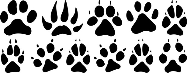 Vector set of animal paw prints in black, including various species footprints for wildlife, tracking, and nature-themed designs