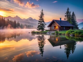 Fototapeta premium Serene Mountain Cabin at Sunrise – Minimalist Photography for Nature Lovers