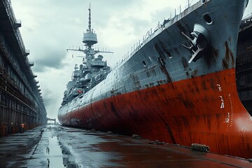 A side view of a naval ship in dry dock