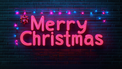 Merry Christmas neon sign on a dark brick wall, festive and colorful lights.