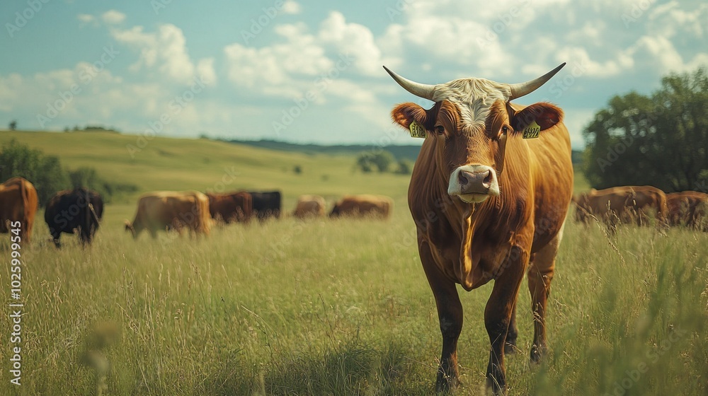 Poster a cow with horns stands in a field with other cows