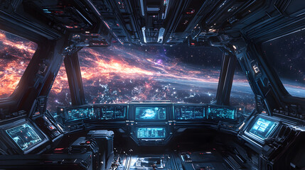 A spaceship cockpit with a view of the stars and a planet