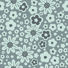 Hand drawn seamless pattern with flowers in gray swamp shades. Lovely romantic Ditsy Fashion Print for background, holiday design, wallpaper, fabric