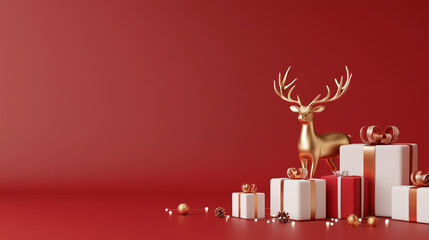 A red background with a gold deer and white boxes