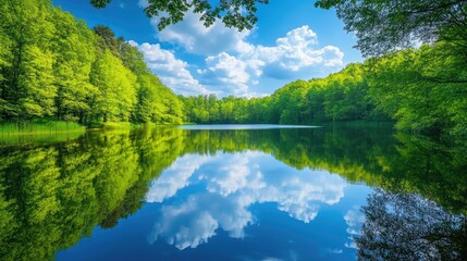 Obraz premium Lush green trees surround a peaceful lake reflecting a bright blue sky with white clouds, symbolizing environmental harmony and natural beauty