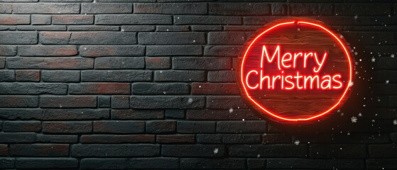 Merry Christmas neon sign on a textured brick wall with falling snowflakes.