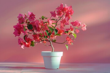 Fototapeta premium Beautiful pink bougainvillea plant in a white pot against a pastel background