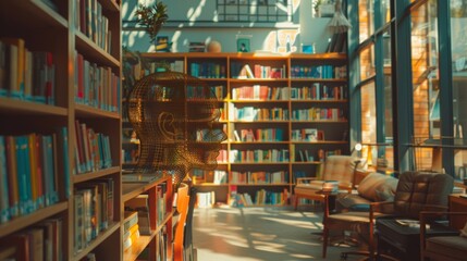 Fototapeta premium Cozy library with sunlight streaming through windows and bookshelves filled with colorful books.