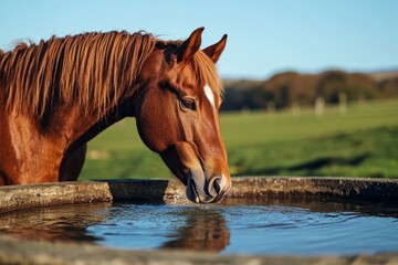 A majestic brown horse drinks from a rustic water trough. The sun shines on its shiny coat and the green fields stretch behind. A calm peaceful scene in nature. Generative AI