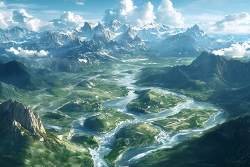 Naklejka premium Breathtaking mountain landscape with river and lush greenery.