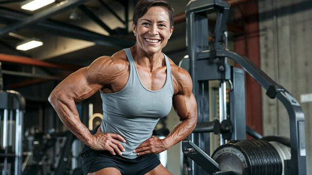 Middle-aged female bodybuilder smiling with confidence, gym setting in the background