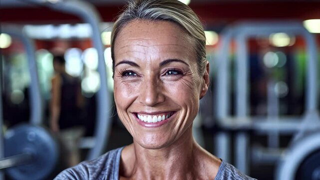Middle-aged female bodybuilder smiling with confidence, gym setting in the background