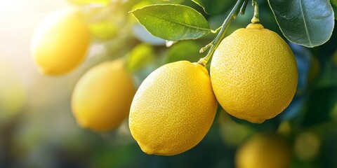 Bunches of fresh yellow ripe lemons on lemon tree branches in garden
