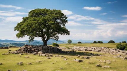 Serenity Unveiled: A Lone Tree Amidst Oltrepo' Pavese's Meadow Field, with Cicognola Castle in Lomba