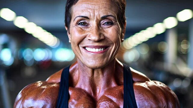 Female bodybuilder in her 50s smiling warmly, gym background blurred