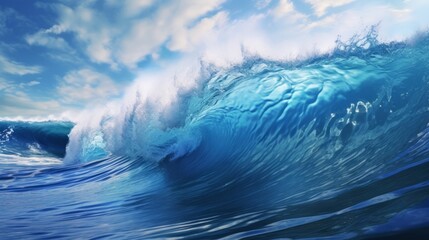 Powerful wave crashes dramatically on the shore, capturing the energy and beauty of the ocean. Neural network ai generated art