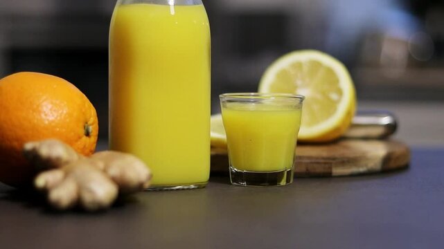 Homemade orange, lemon and ginger drink in a glass bottle with a small shot glass on kitchen table, blurry background 