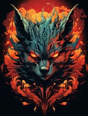 Fiery-Eyed Wolf with Abstract Flames and a Glowing Symbol on its Forehead