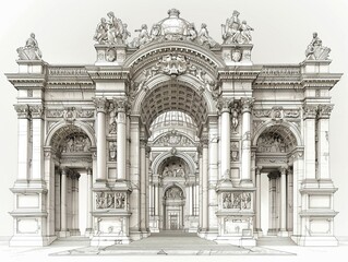 A detailed outline drawing of a historical building illustration