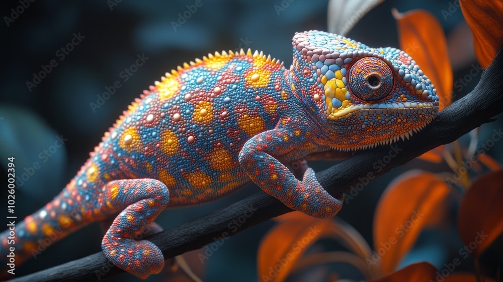 Poster a colorful lizard is perched on a branch