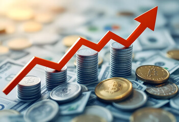 Increasing financial growth is depicted through rising graph overlaid on stacks of coins and cryptocurrency, symbolizing investment success and economic progress