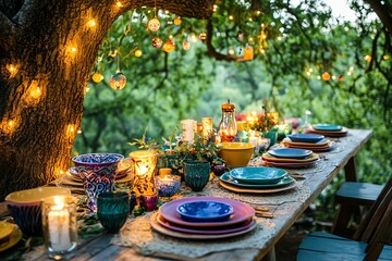Fototapeta premium A fairy-tale banquet table set under an enchanted tree, colorful dishes and twinkling lights