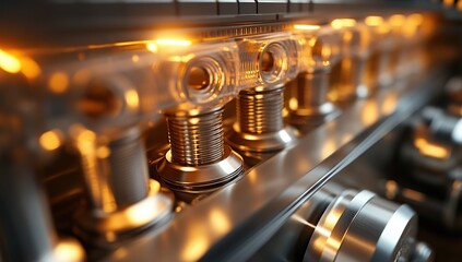 Close-up of cam sleeves and the mechanical industry, featuring stainless steel pillars with gold lighting