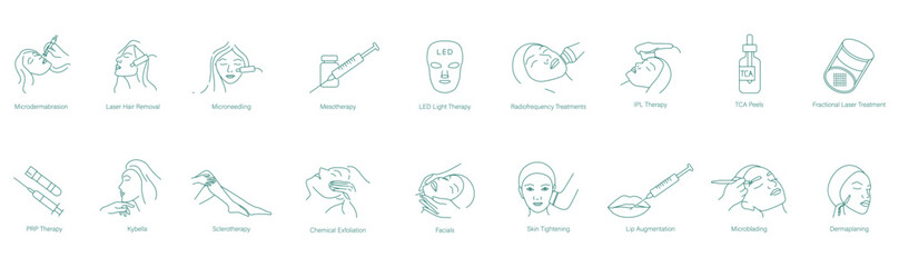 Microdermabrasion, Laser Hair Removal, Microneedling, Mesotherapy, LED Light Therapy, Radiofrequency Treatment, IPL Treatment, TCA Peels, Fractional Laser Treatment, PRP Treatment, Kybella icons