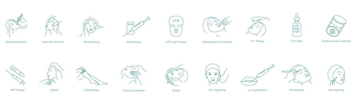 Microdermabrasion, Laser Hair Removal, Microneedling, Mesotherapy, LED Light Therapy, Radiofrequency Treatment, IPL Treatment, TCA Peels, Fractional Laser Treatment, PRP Treatment, Kybella icons