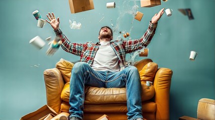 Obraz premium Frustrated Man Throwing Delivery Boxes and Cups in Living Room - Chaos and Mess Concept