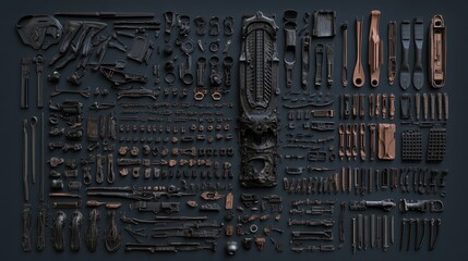 Fototapeta premium Disassembled Black and Bronze Futuristic Machine Parts on a Dark Background