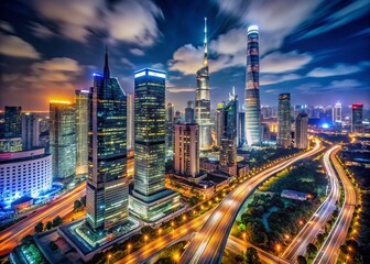 Stunning Aerial Night Timelapse of Illuminated Shanghai Cityscape with Long Exposure Effects