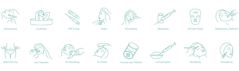 Carboxytherapy, Cryotherapy, PRP Therapy, Kybella, Microneedling, Mesotherapy, LED Light Treatment, Radiofrequency Treatment, Body Contouring, Acne Treatment, Skin Resurfacing, IPL Treatment icons