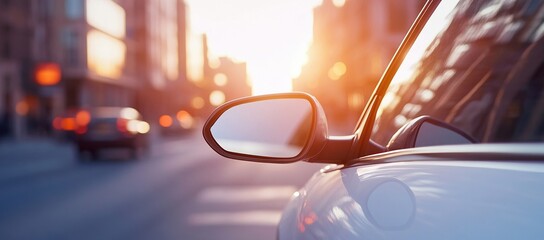 Naklejka premium Close-up of the side mirror on a white car driving in the city, with a blurred background and sun flare